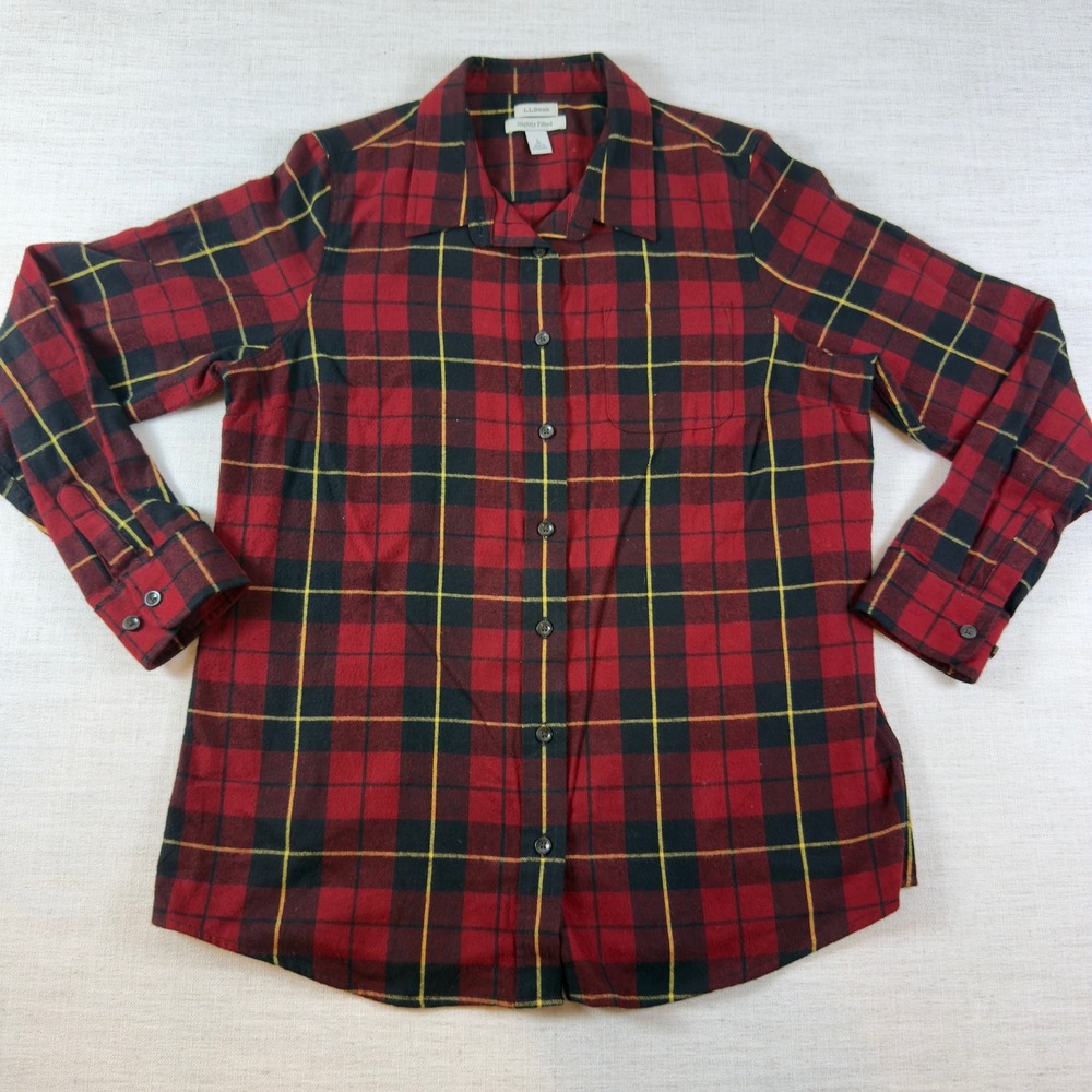 LL Bean Flannel Shirt Womens Large Red Black Plaid Slightly Fitted Cotton L Long